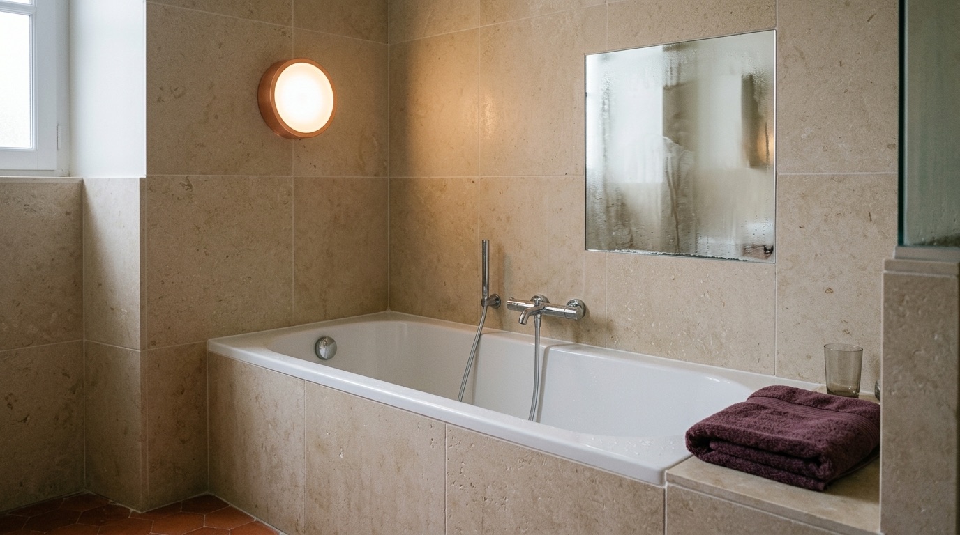 Salle de bain contemporaine avec douche à l'italienne, luminaire étanche au plafond