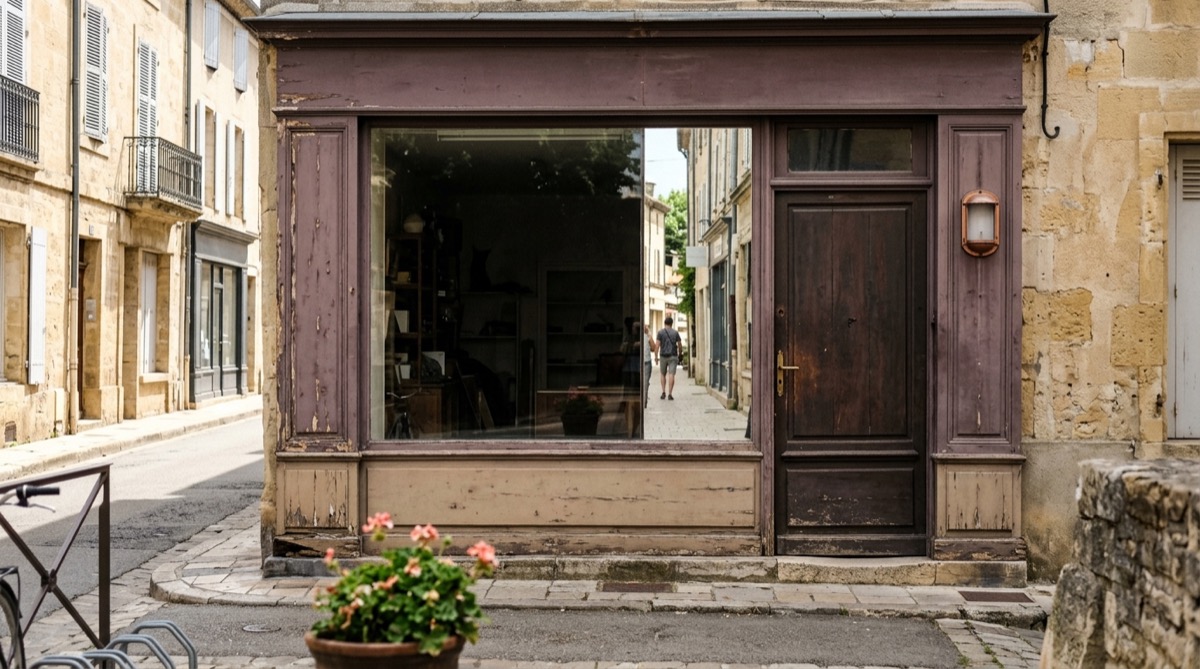 Vitrine de commerce éteinte en pleine journée, enseigne allumée en arrière-plan