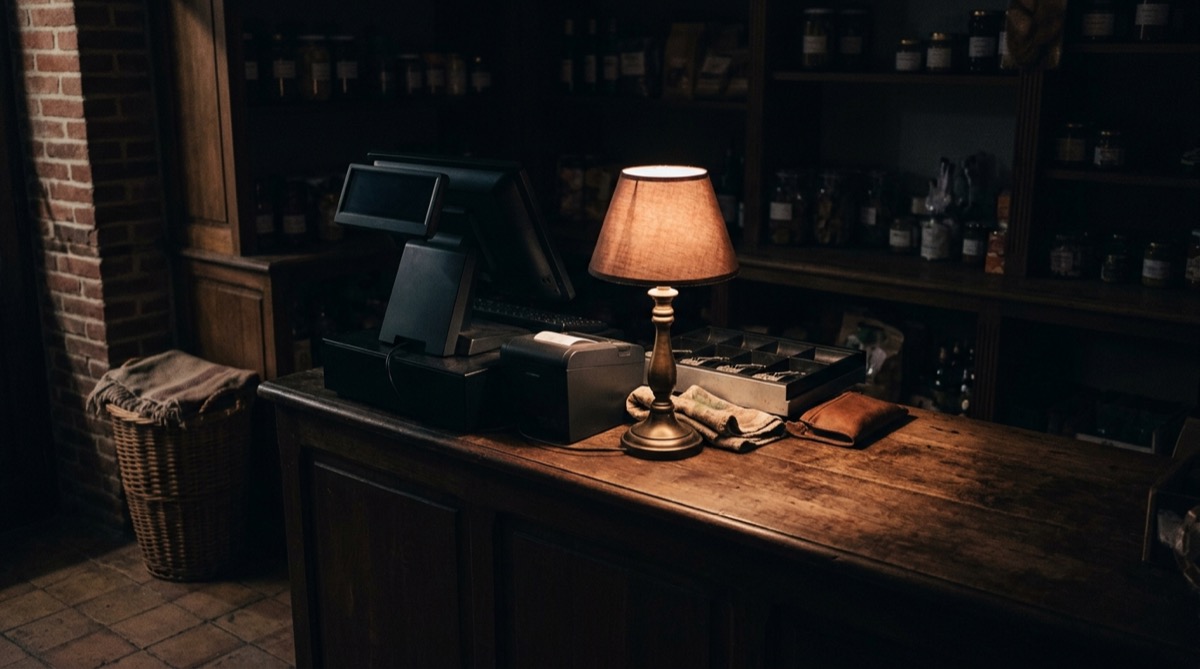 Comptoir de commerce éclairé par une lampe d'appoint pendant une coupure de courant partielle