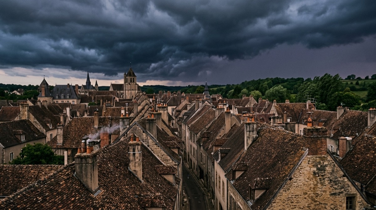 Ciel d'orage menaçant au-dessus de toits de maisons à Dijon en fin de journée