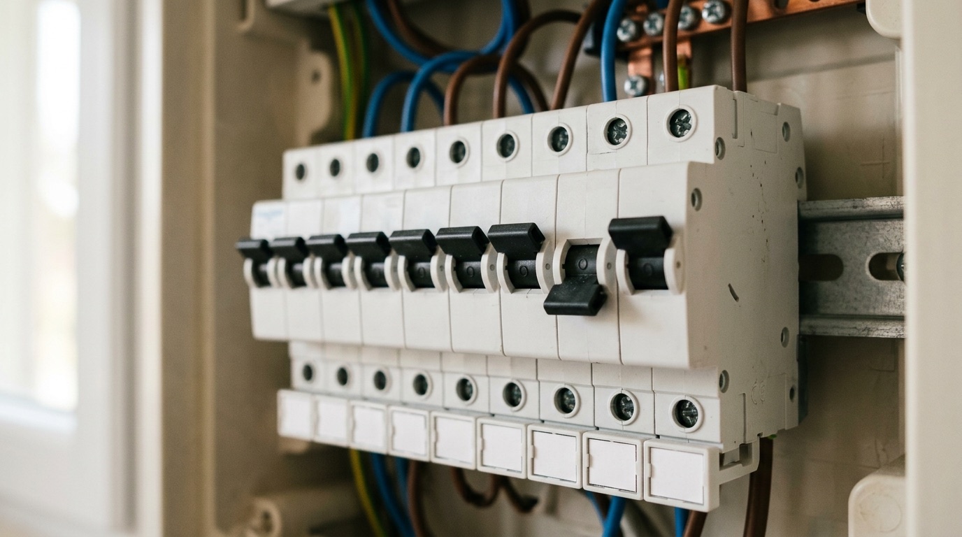 Rangée de disjoncteurs étiquetés dans un tableau électrique, une seule manette basculée vers le bas