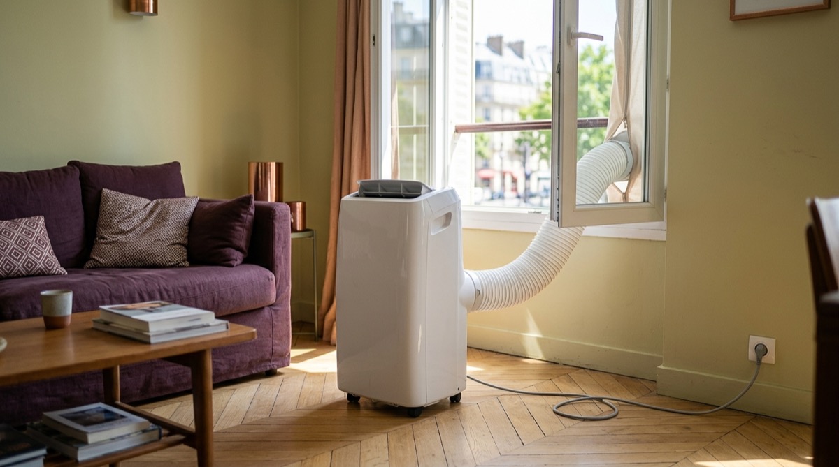 Climatiseur mobile branché dans un salon, tuyau d'évacuation d'air passant par une fenêtre entrouverte