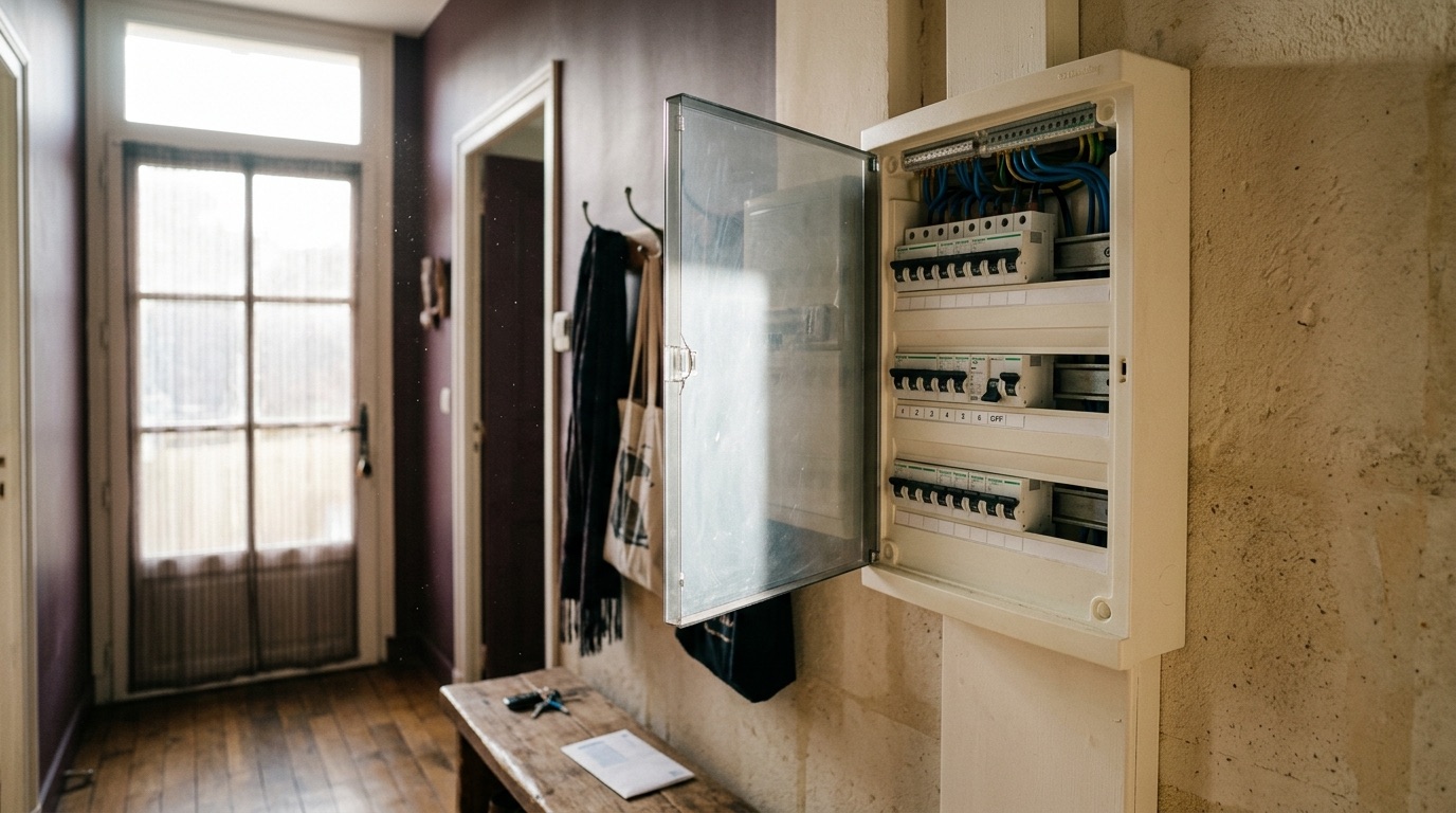 Tableau électrique de logement observé au retour, plusieurs manettes en position haute et une en position basse