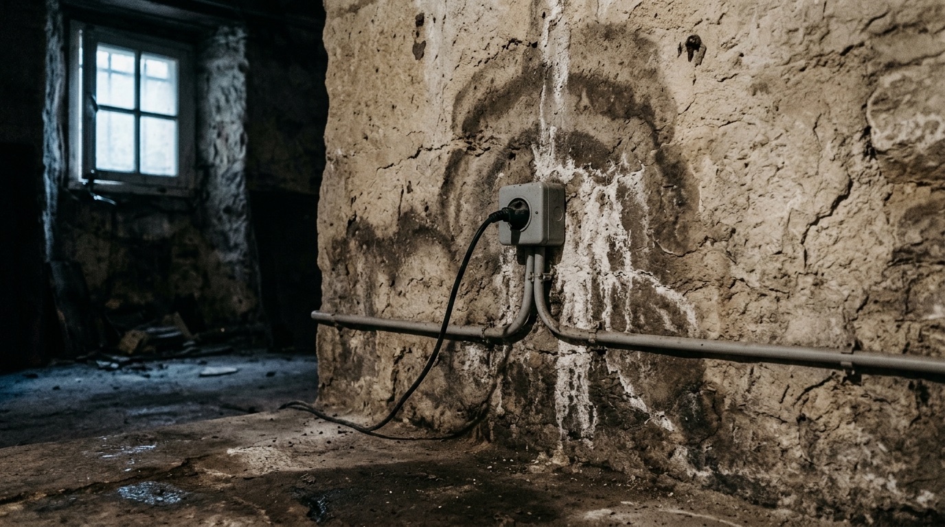 Sous-sol de maison ancienne avec prise murale et traces d'humidité sur le mur en pierre